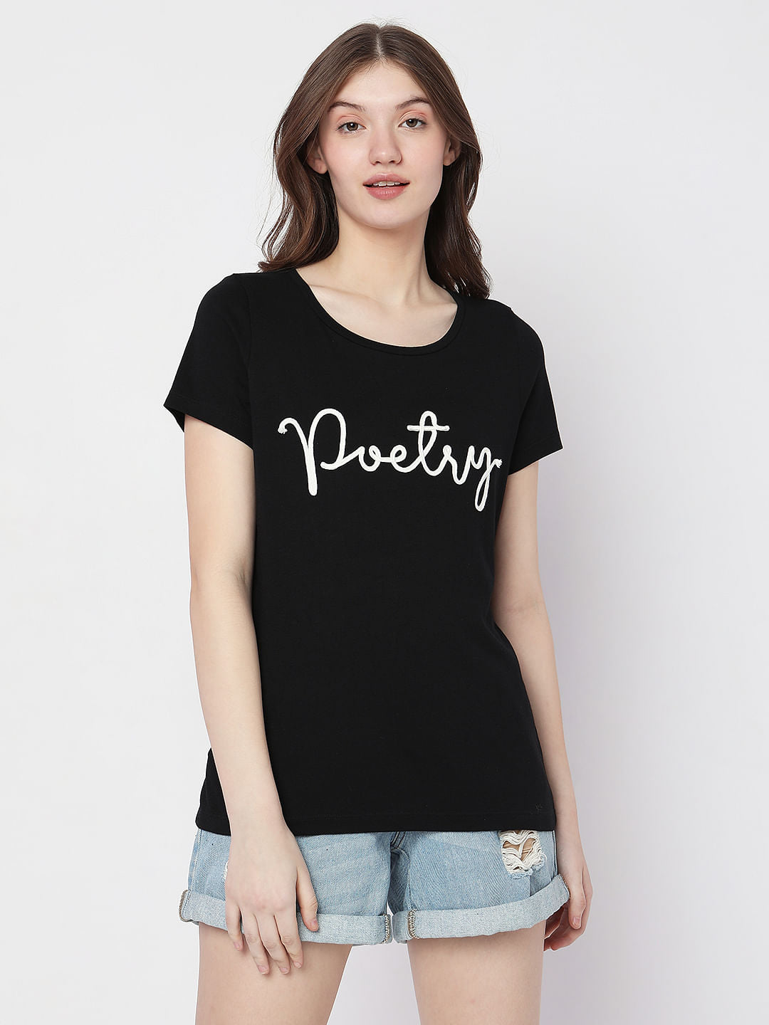 Black Embroidered Text T-Shirt