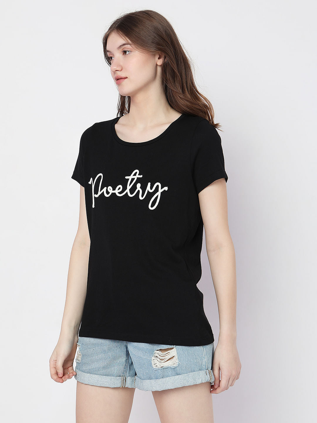 Black Embroidered Text T-Shirt