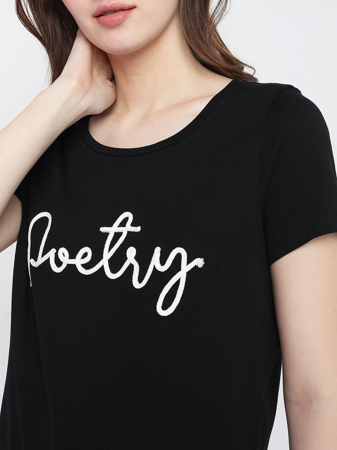 Black Embroidered Text T-Shirt