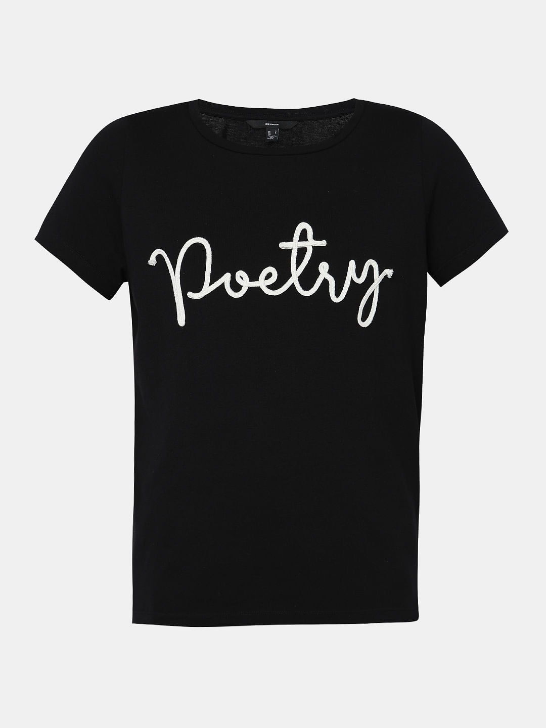 Black Embroidered Text T-Shirt