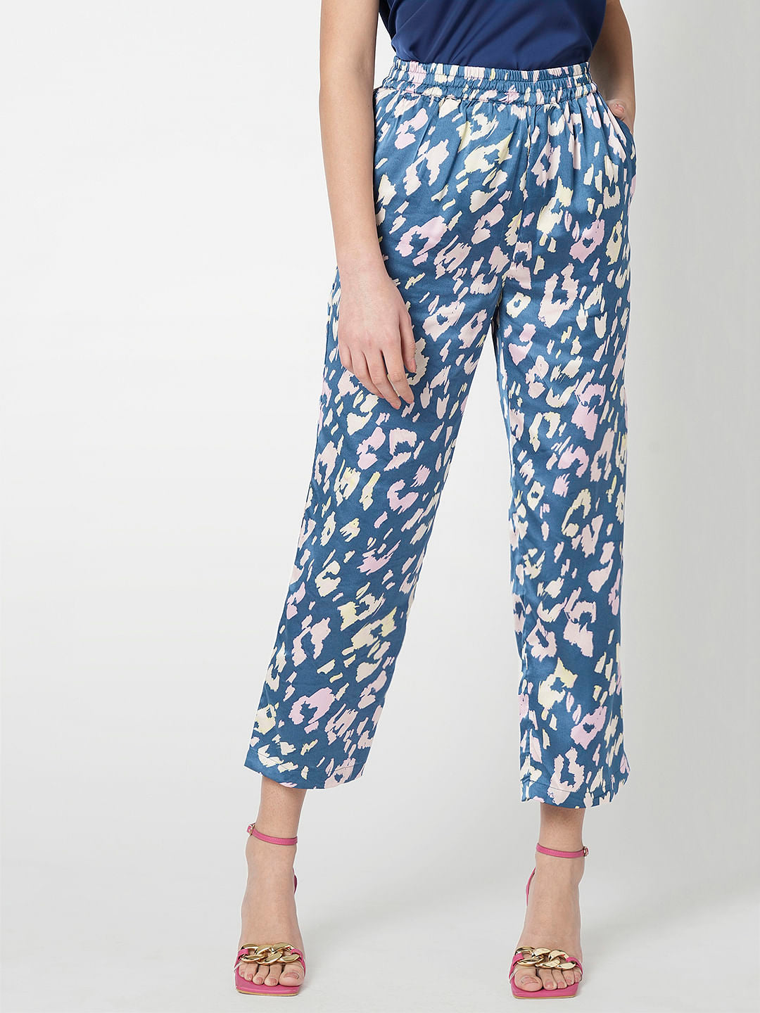 I.Scenery By Vero Moda Blue High Rise Printed Pants