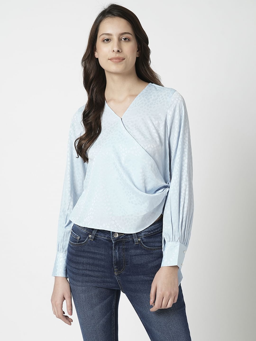 I.Scenery By Vero Moda Blue Front Wrap Top