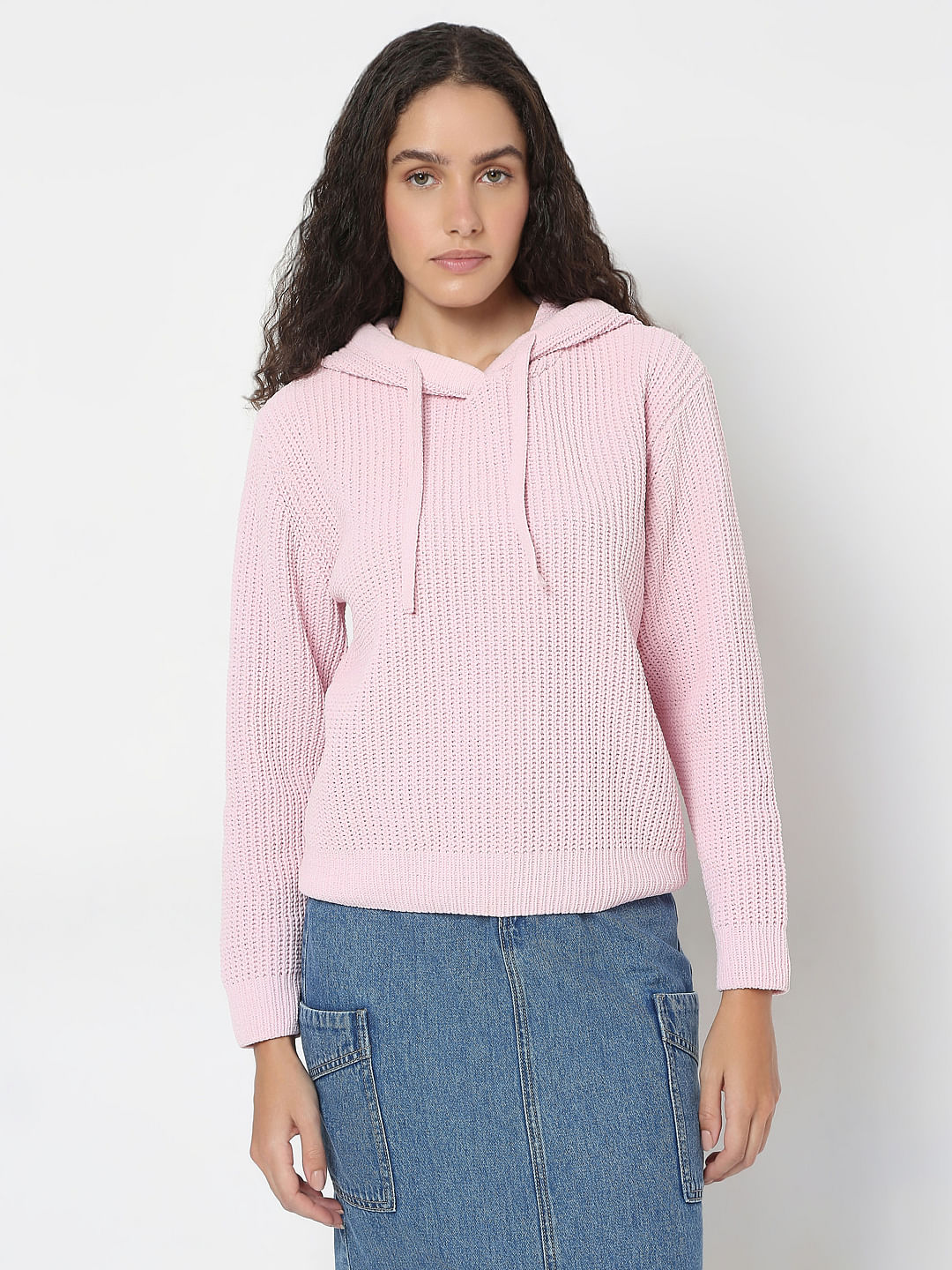 Pink Hooded Knitted Pullover