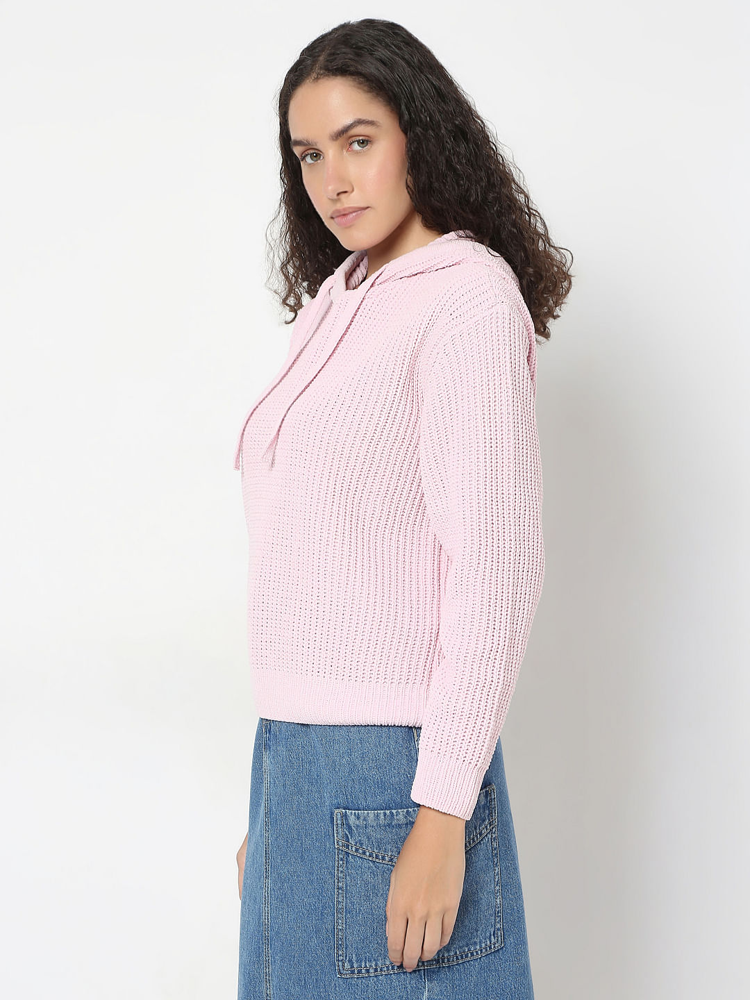 Pink Hooded Knitted Pullover