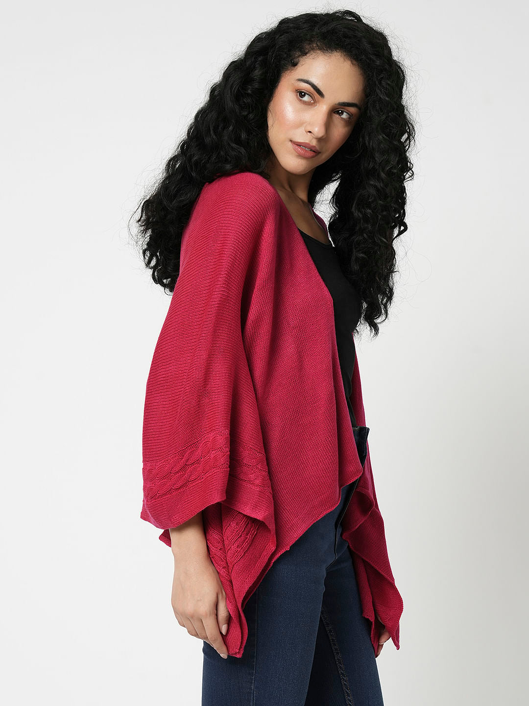 I.Scenery By Vero Moda Dark Pink Cable Knit Cape