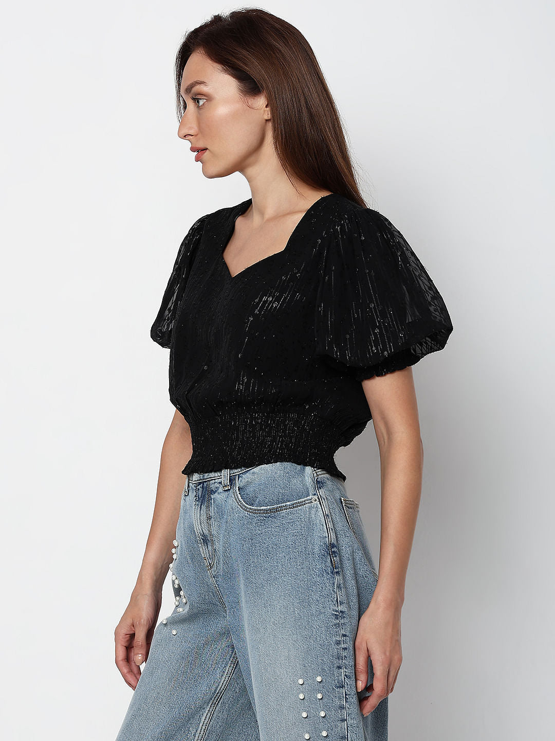 Black Textured Smocked Top
