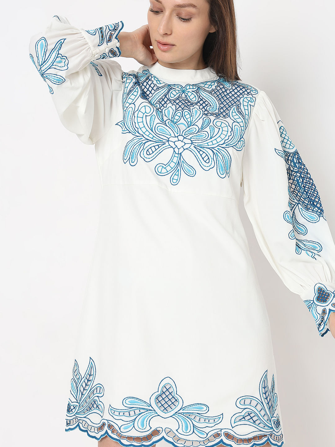 Blue & White Embroidered Shift Dress