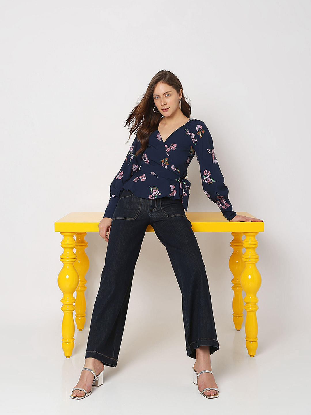 Navy Blue Floral Wrap Top