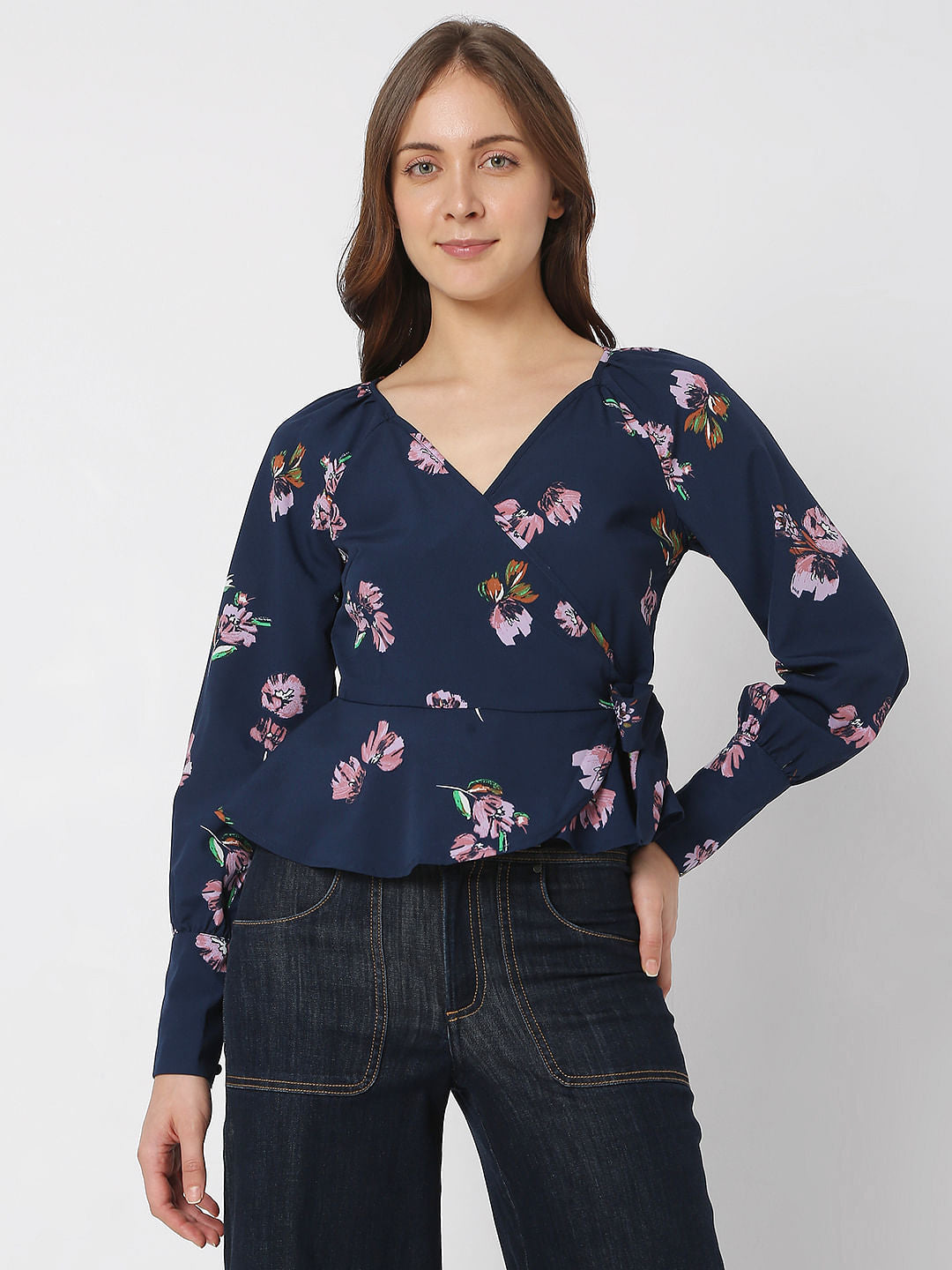 Navy Blue Floral Wrap Top