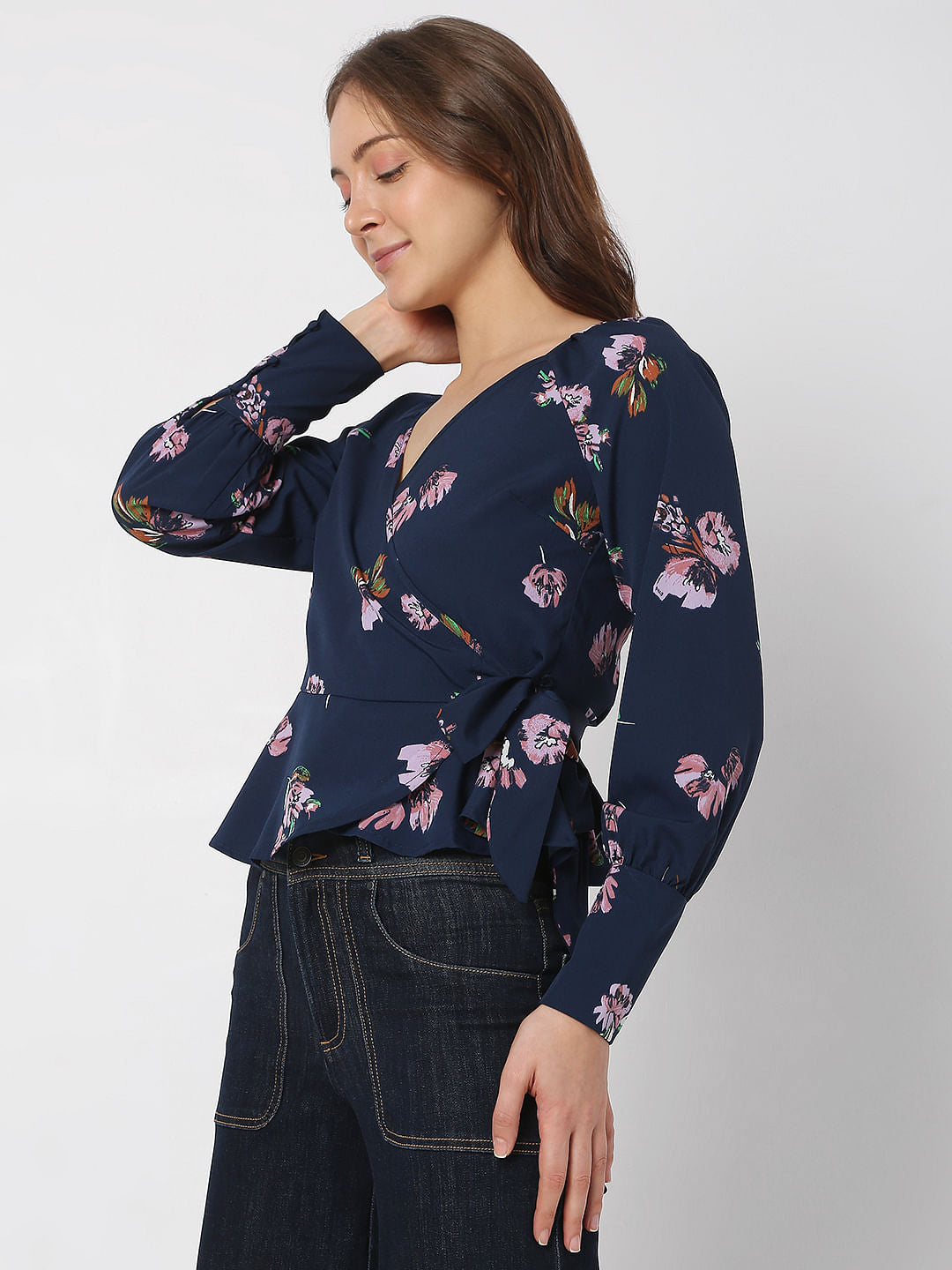 Navy Blue Floral Wrap Top