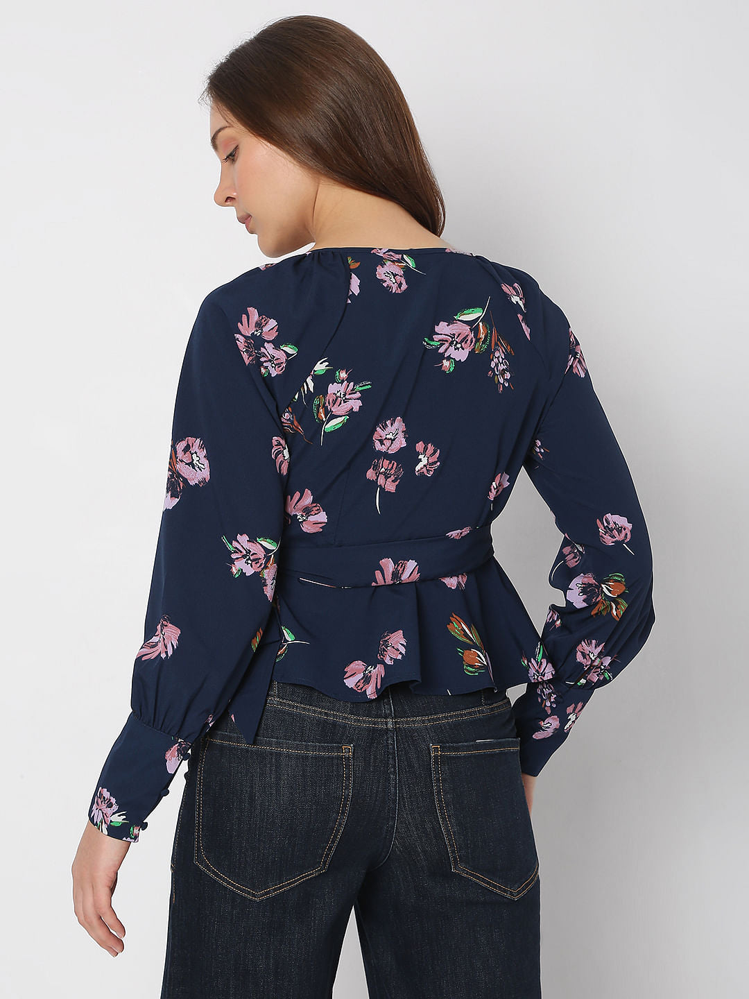 Navy Blue Floral Wrap Top