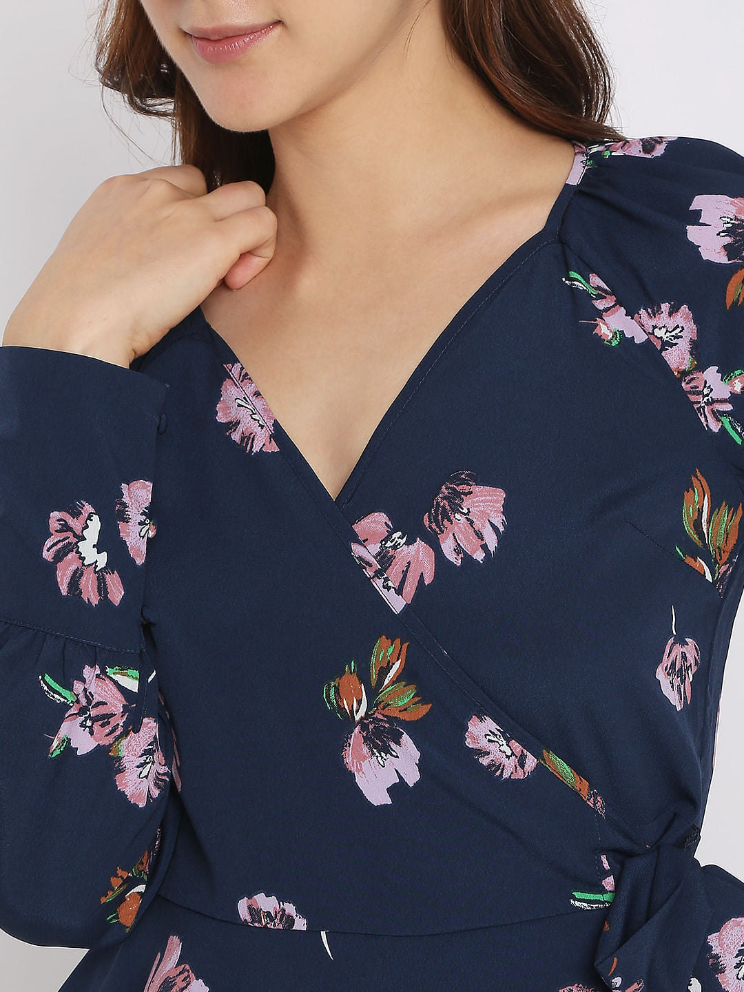 Navy Blue Floral Wrap Top