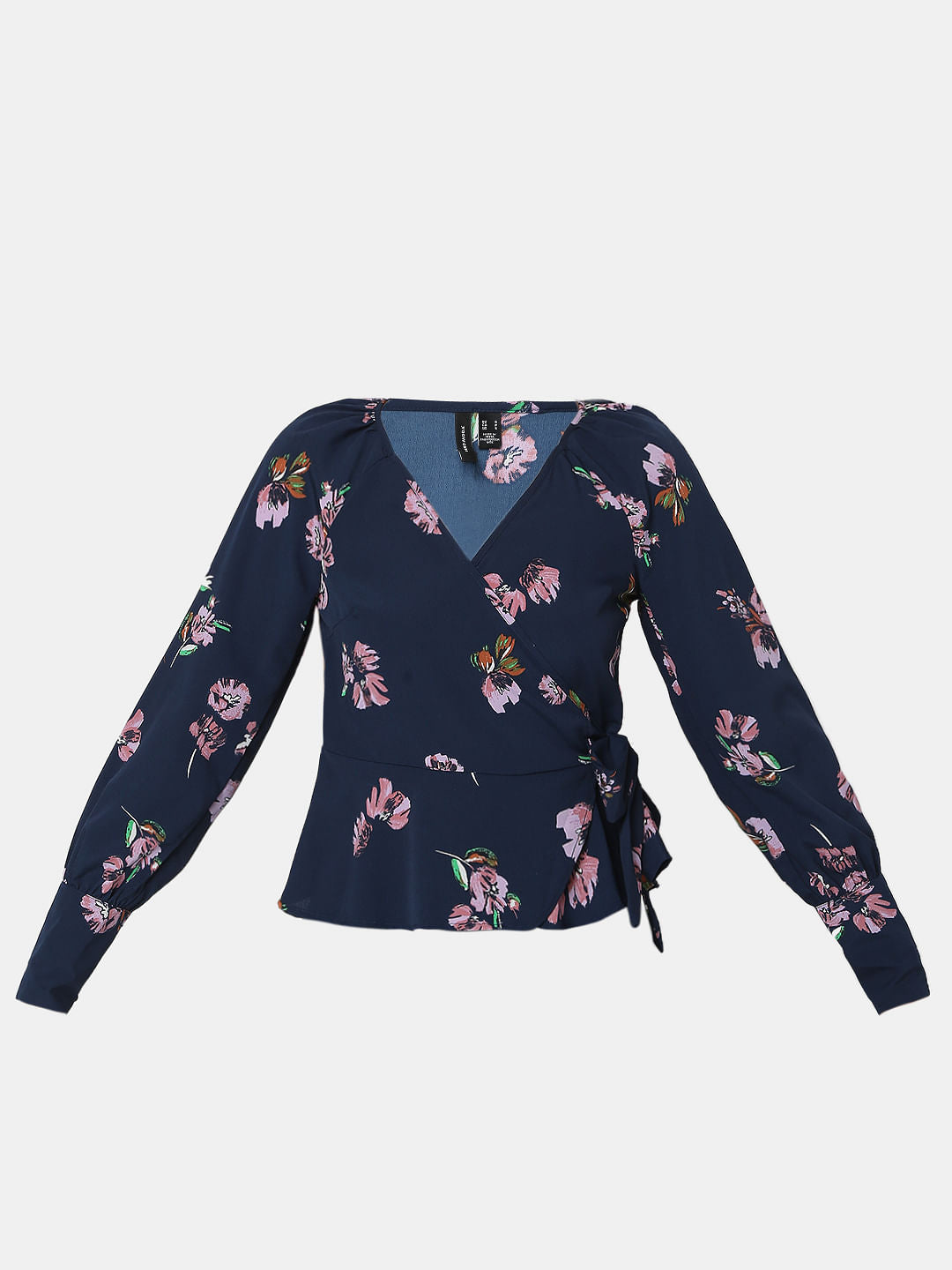 Navy Blue Floral Wrap Top