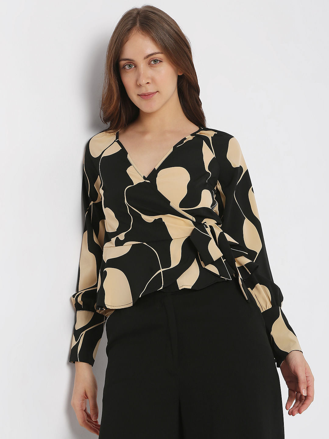 Black Abstract Print Overlap Top