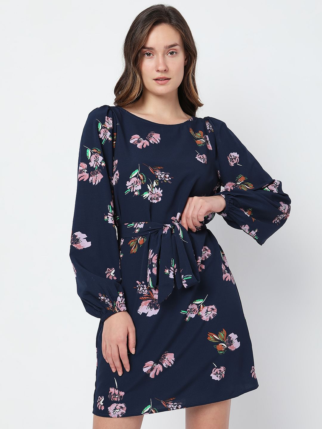Navy Blue Floral Tie-Up Mini Dress