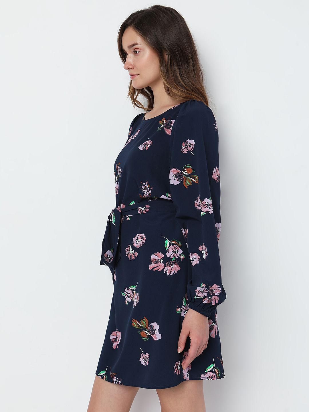Navy Blue Floral Tie-Up Mini Dress