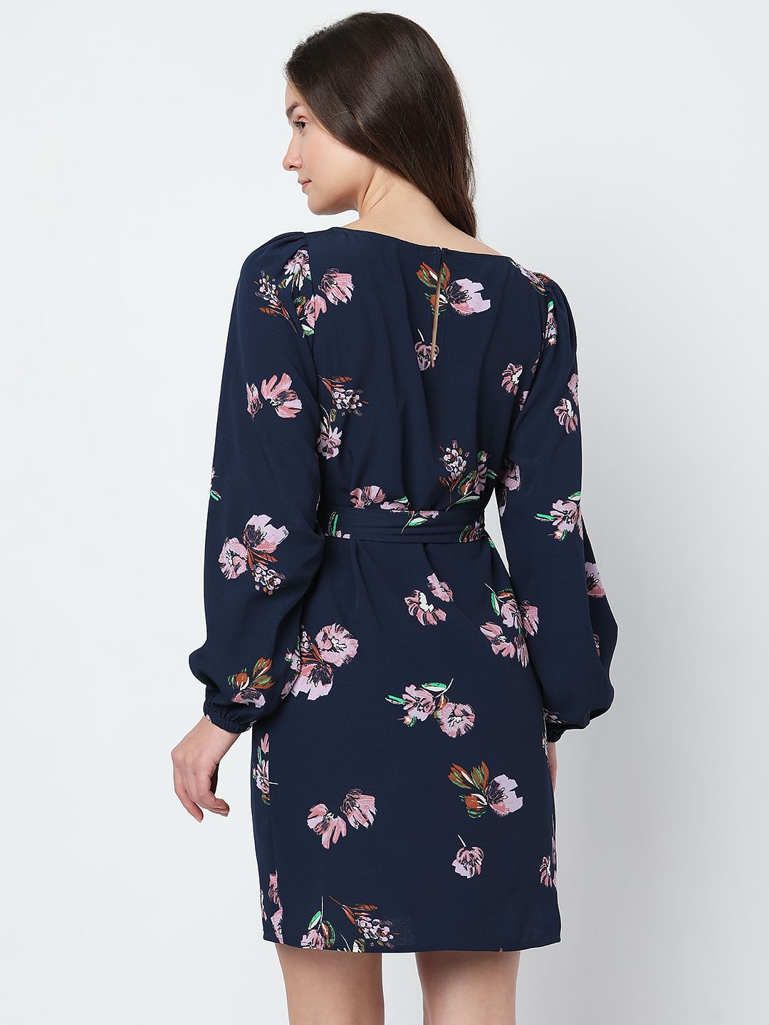 Navy Blue Floral Tie-Up Mini Dress