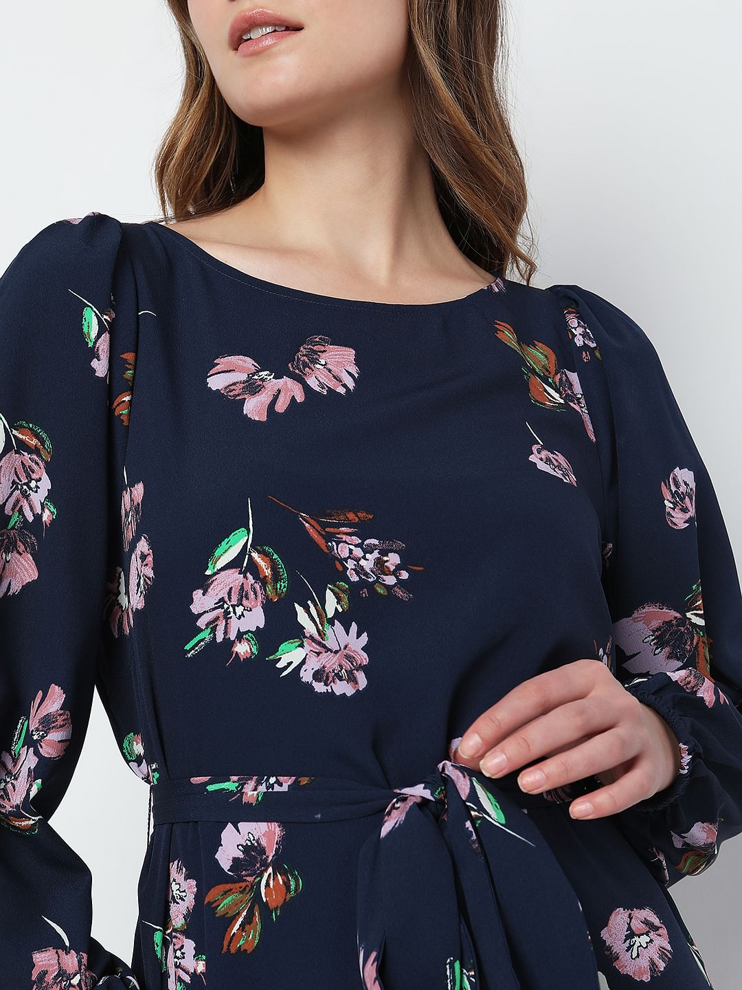 Navy Blue Floral Tie-Up Mini Dress