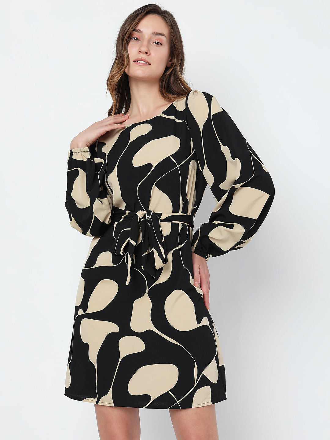 Black Printed Tie-Up Mini Dress