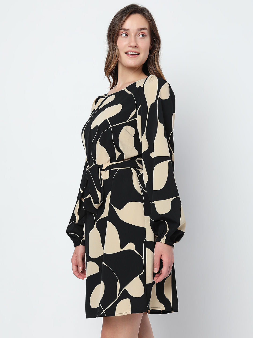 Black Printed Tie-Up Mini Dress