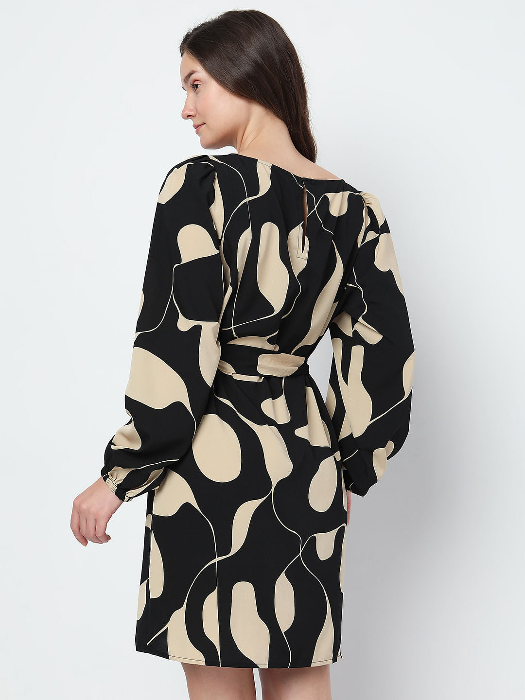 Black Printed Tie-Up Mini Dress