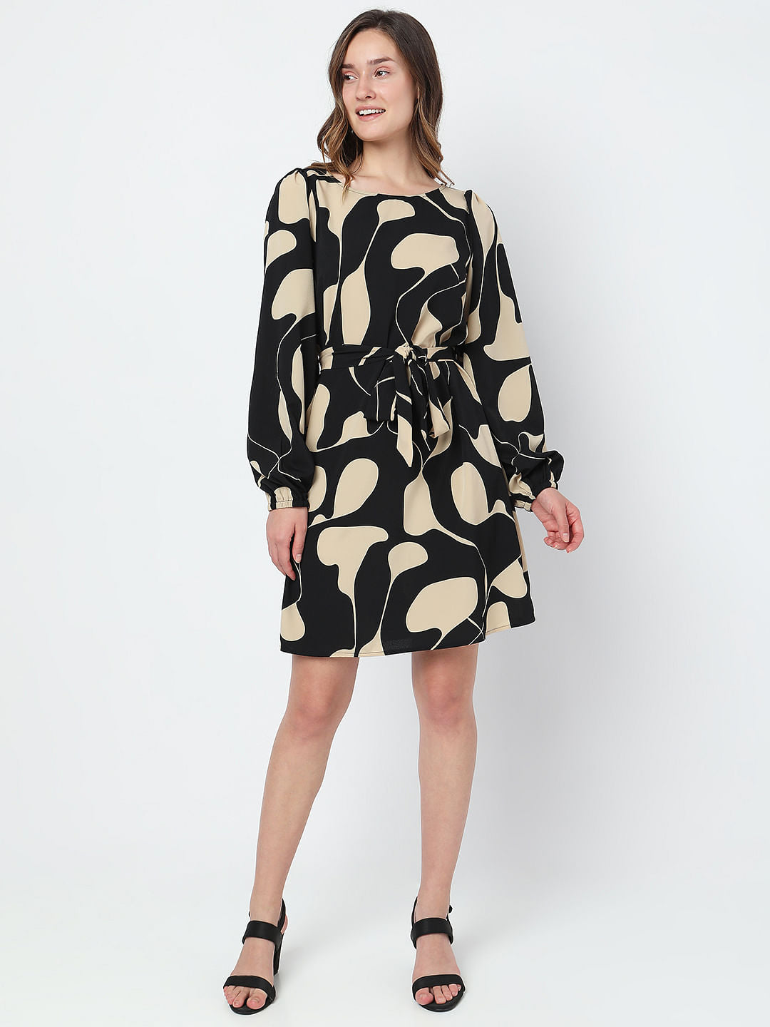 Black Printed Tie-Up Mini Dress