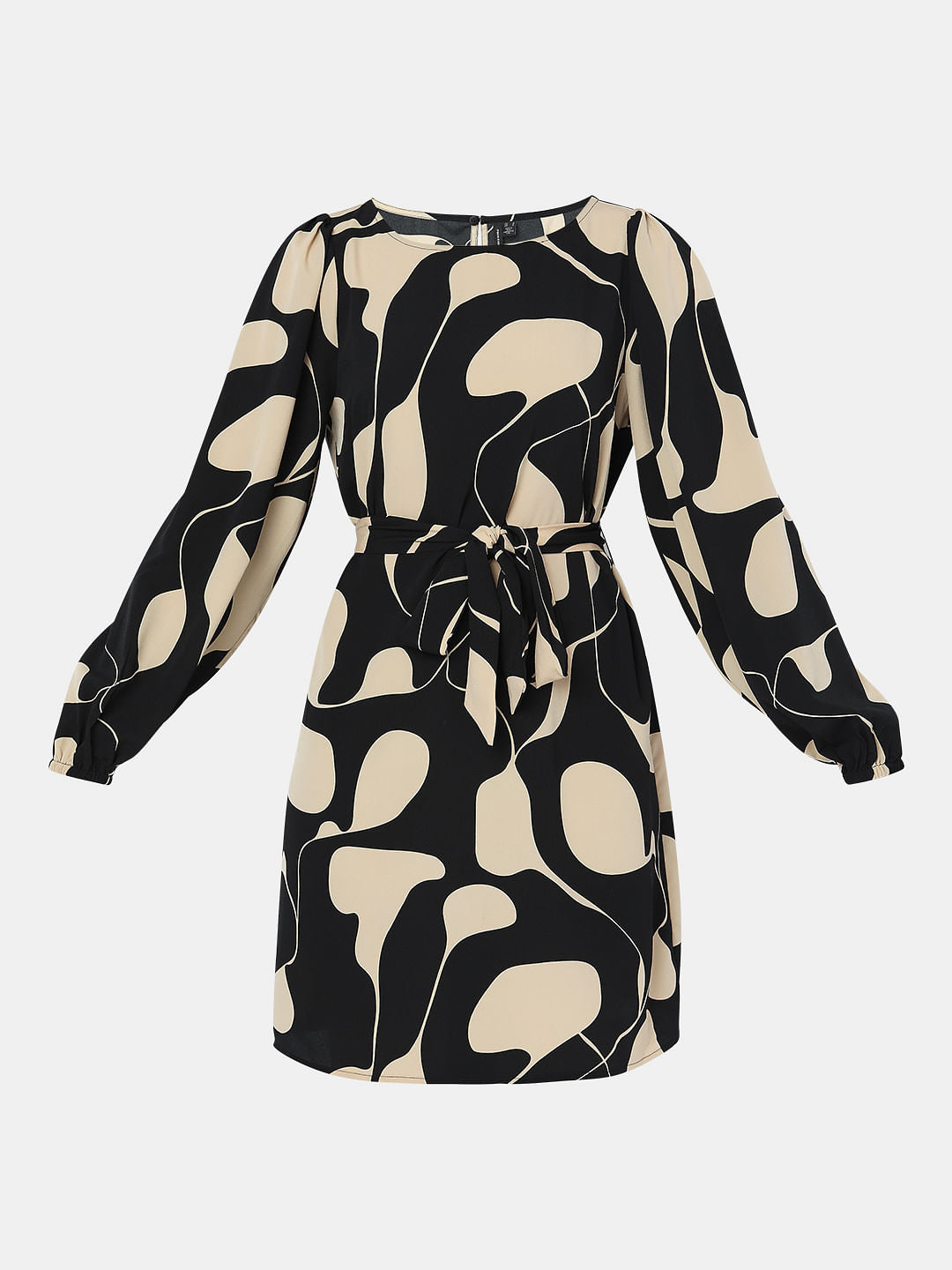 Black Printed Tie-Up Mini Dress