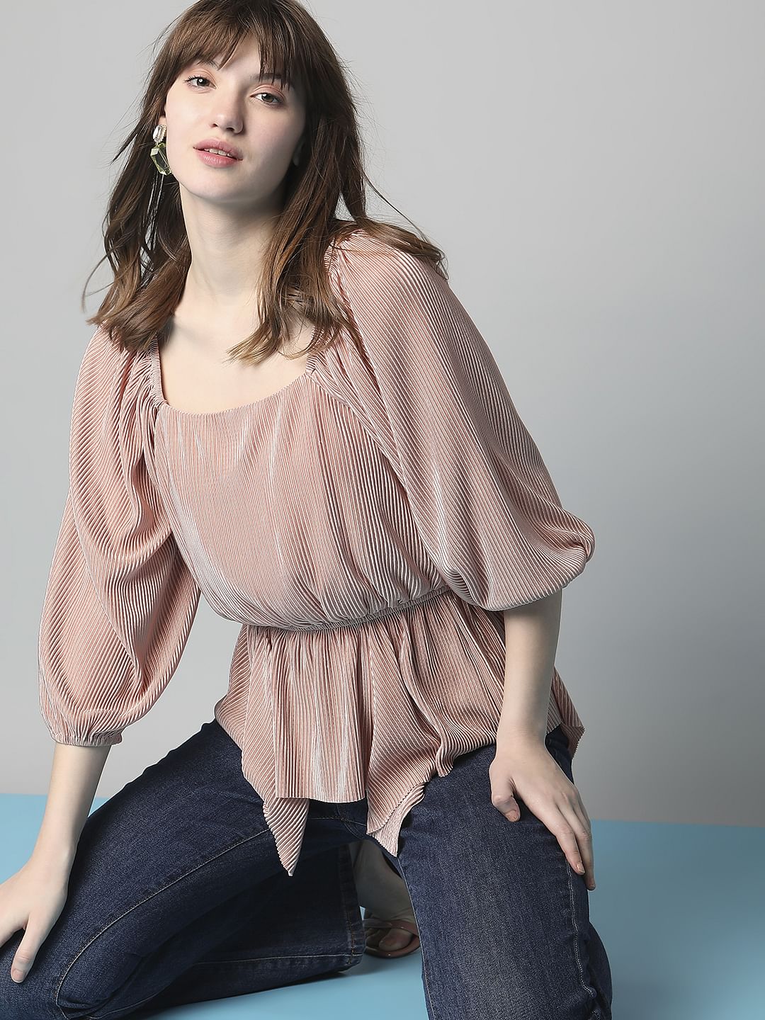 Beige Pleated Puff Sleeves Top