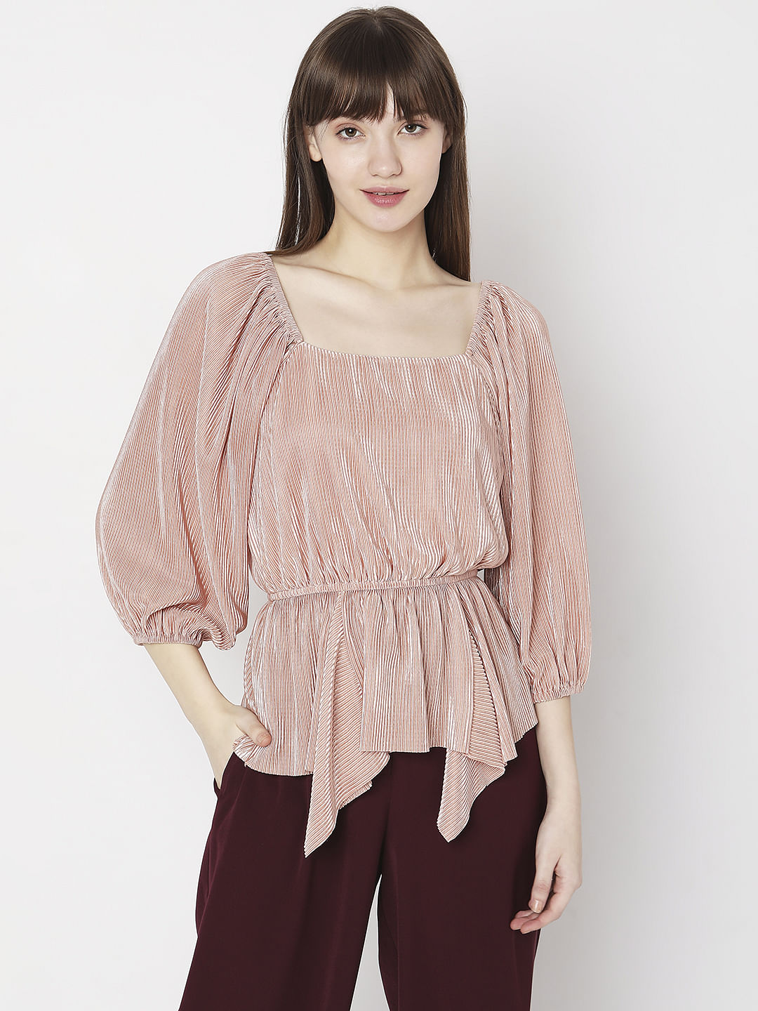 Beige Pleated Puff Sleeves Top