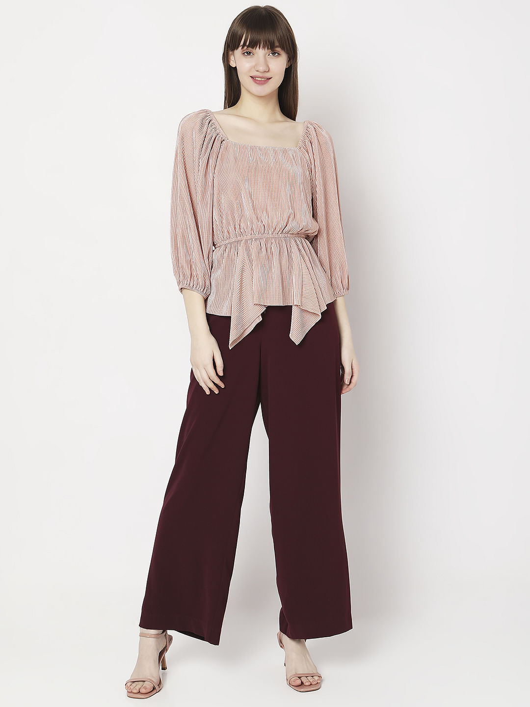 Beige Pleated Puff Sleeves Top