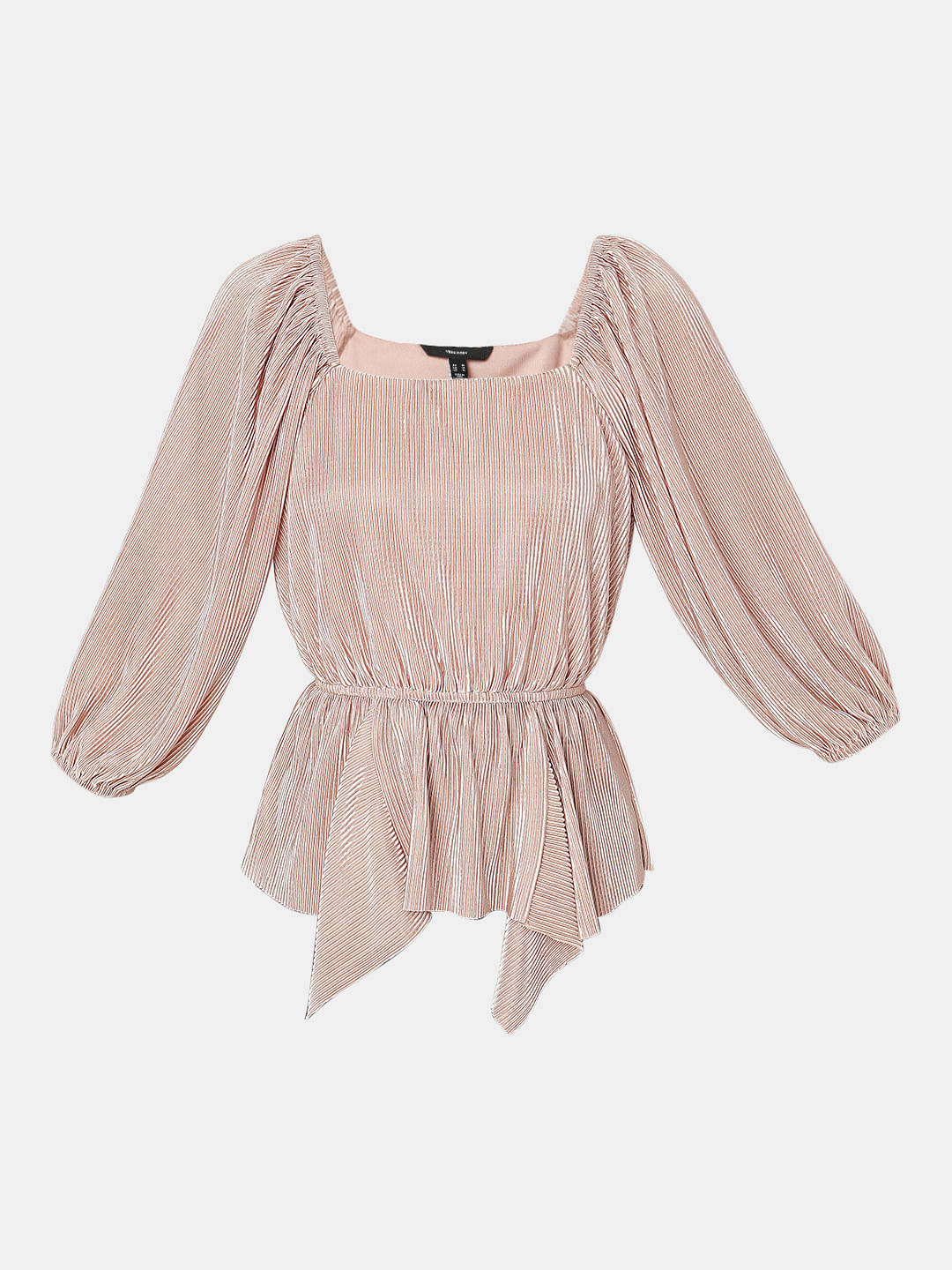 Beige Pleated Puff Sleeves Top