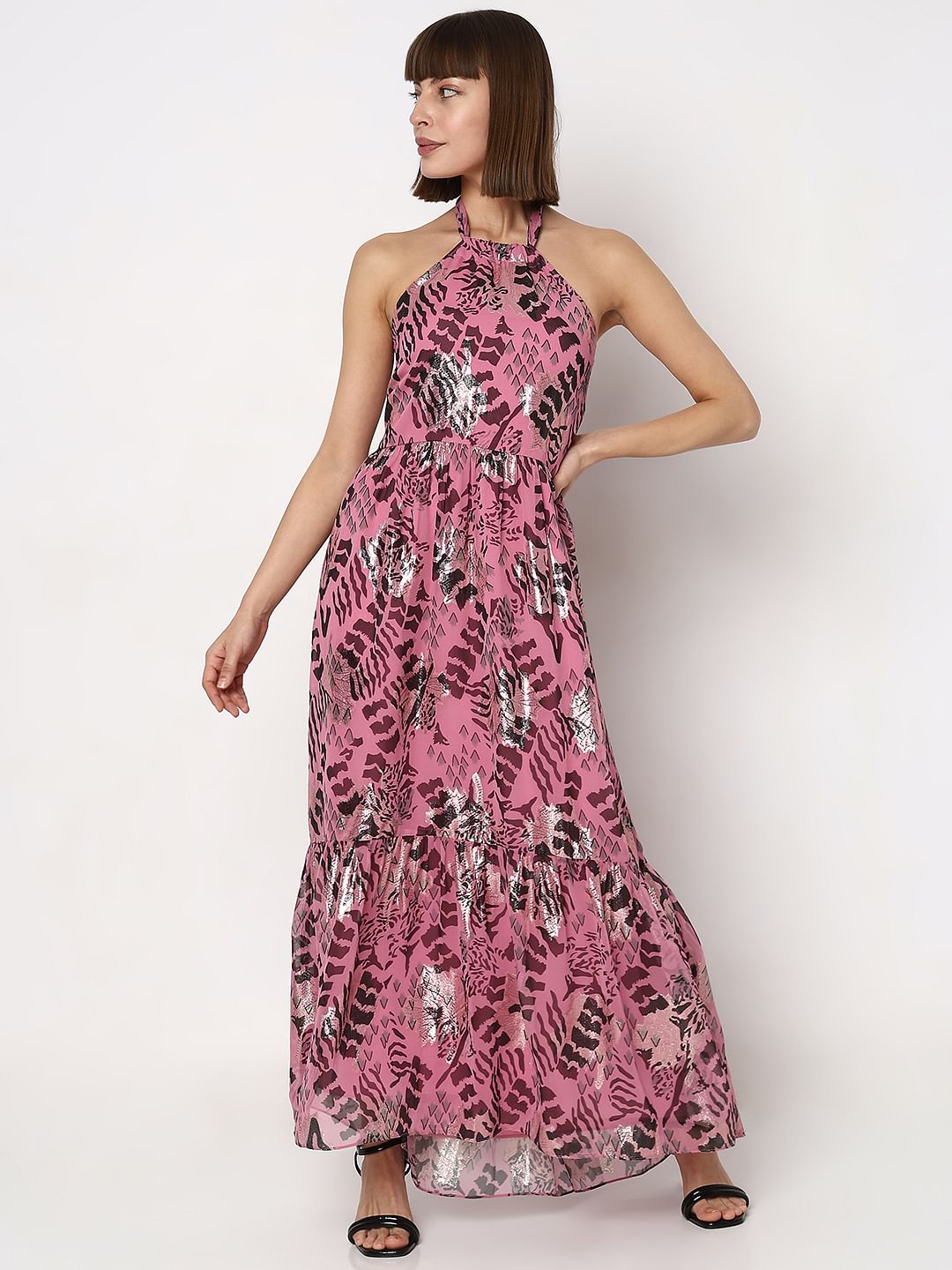 Pink Printed Halter Neck Maxi Dress
