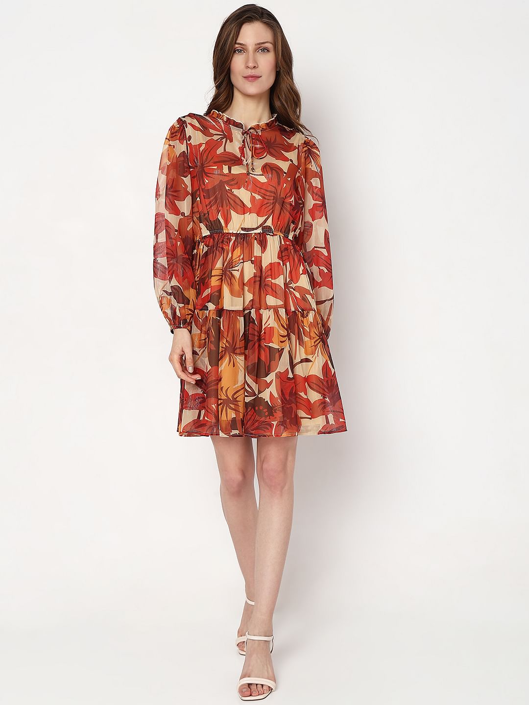 Orange Floral Print Mini Dress