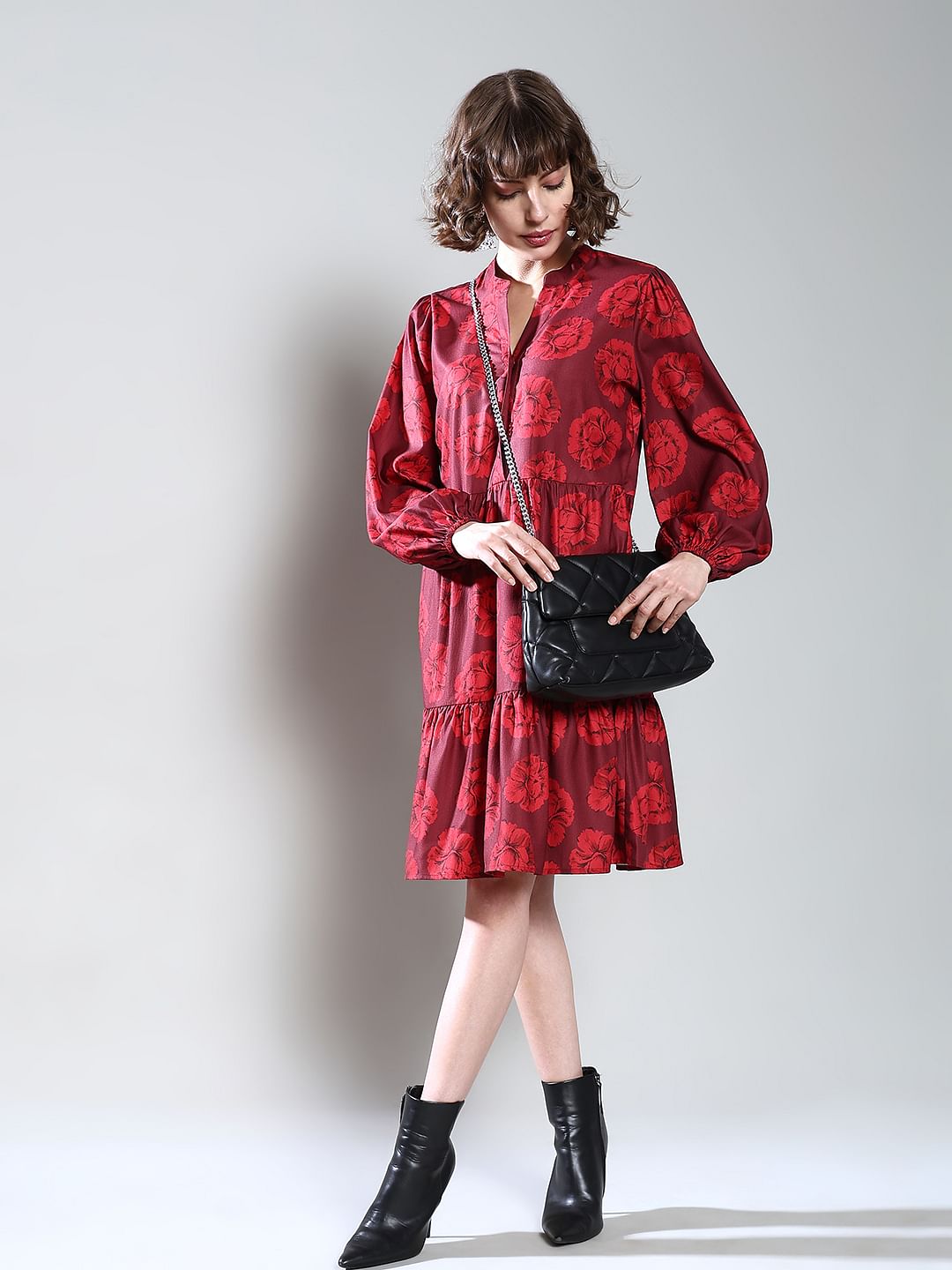 Maroon Floral Print Shift Dress
