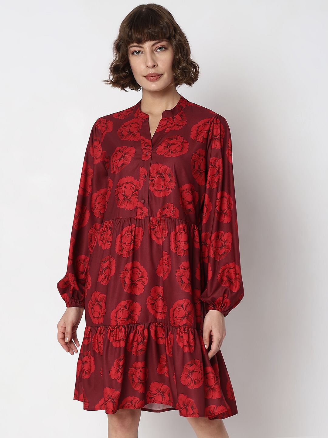 Maroon Floral Print Shift Dress