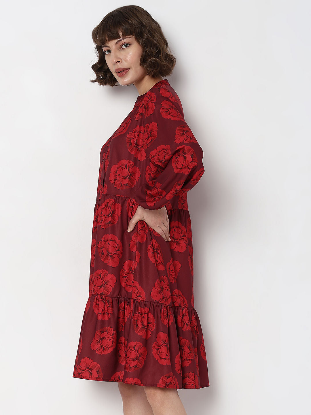 Maroon Floral Print Shift Dress