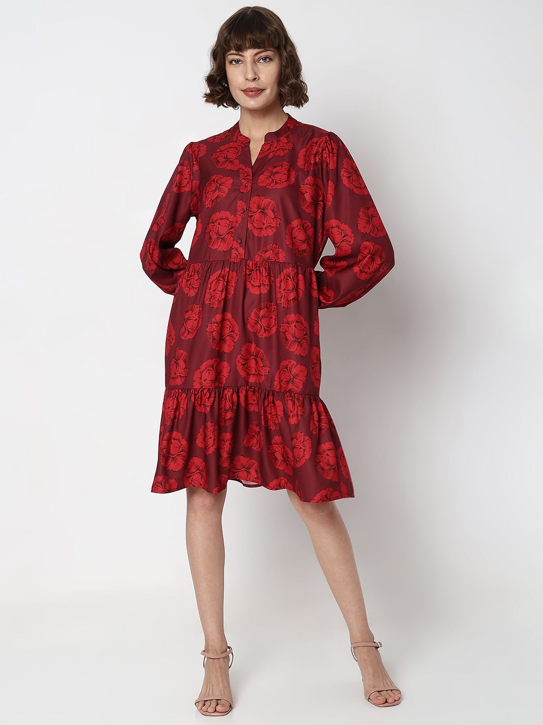 Maroon Floral Print Shift Dress