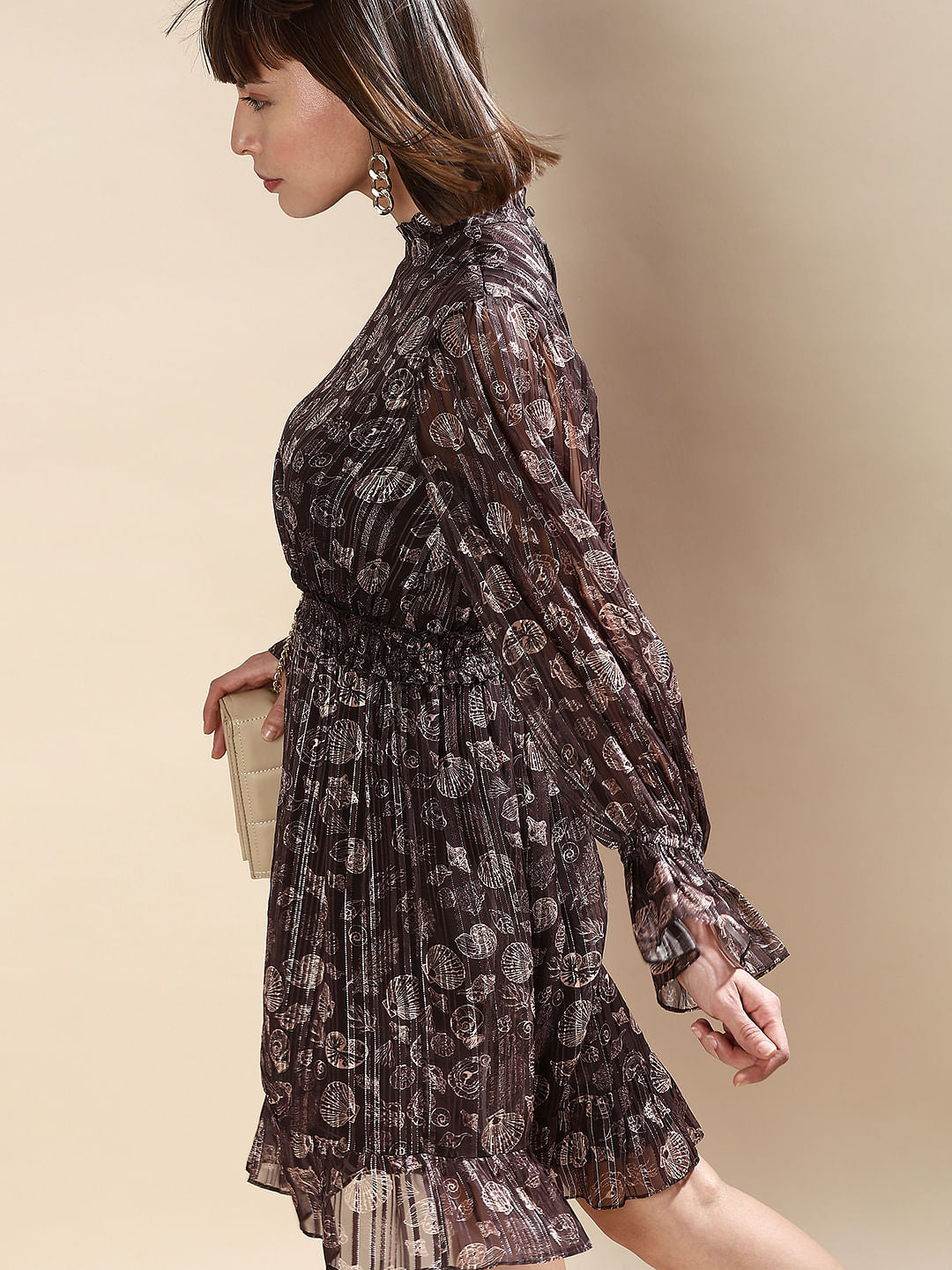 Brown Printed Lurex Fit & Flare Dress