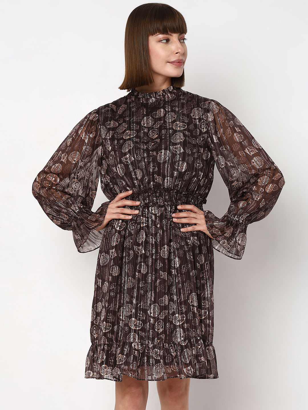 Brown Printed Lurex Fit & Flare Dress