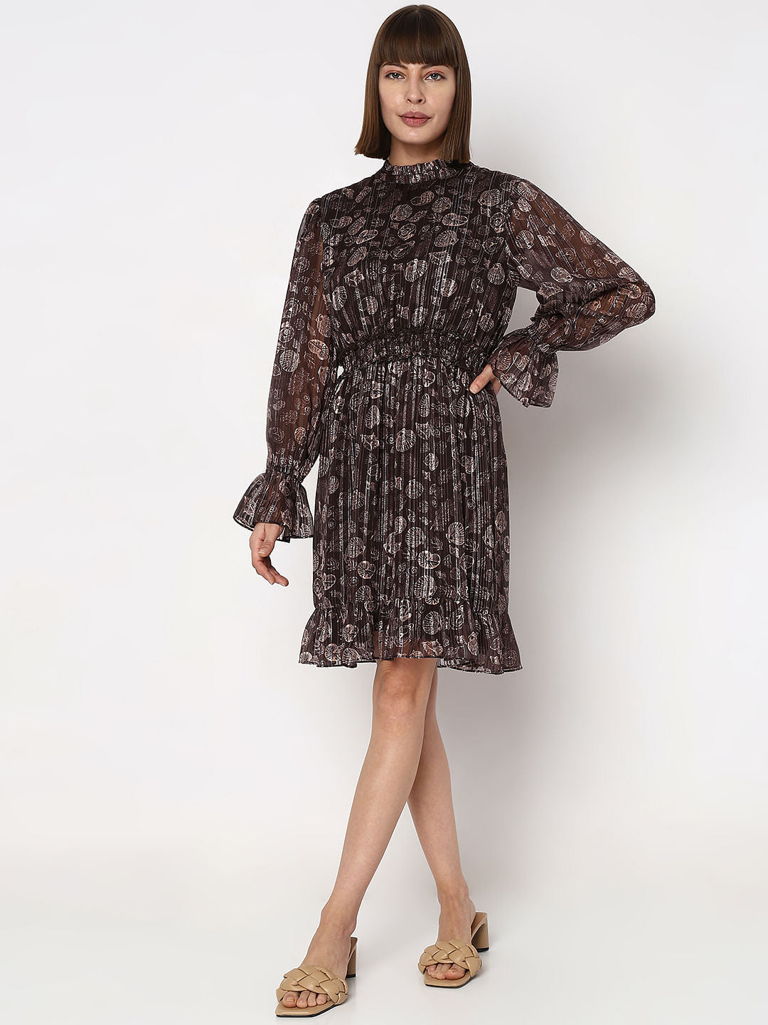 Brown Printed Lurex Fit & Flare Dress