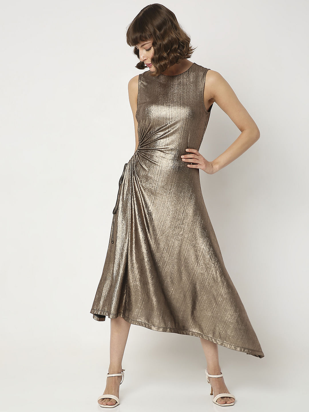 Bronze Side-Cutout Midi Dress