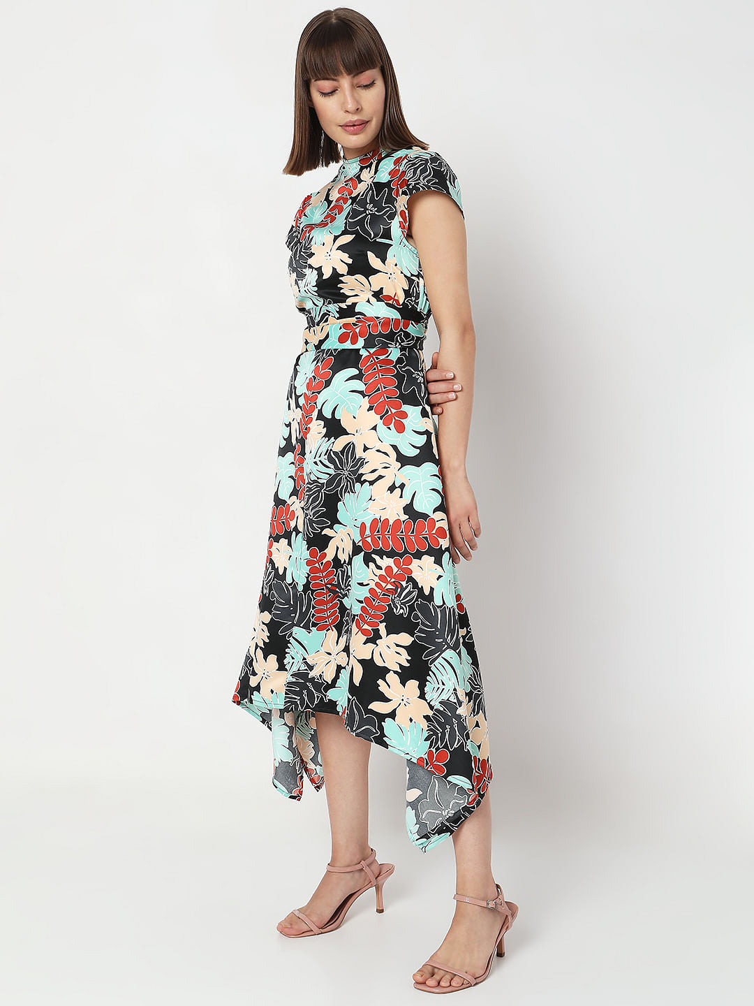 Black Floral Print Midi Dress