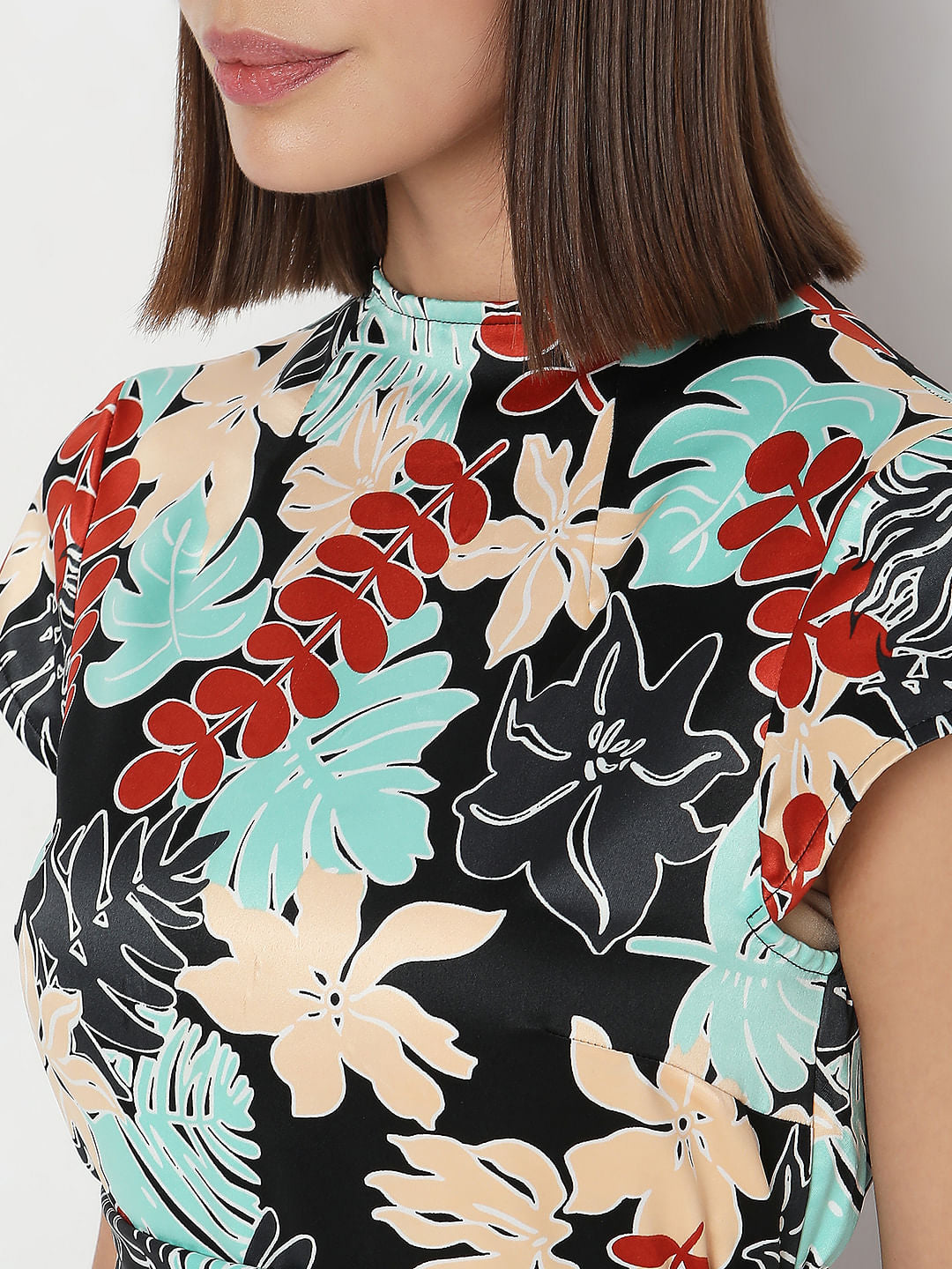 Black Floral Print Midi Dress