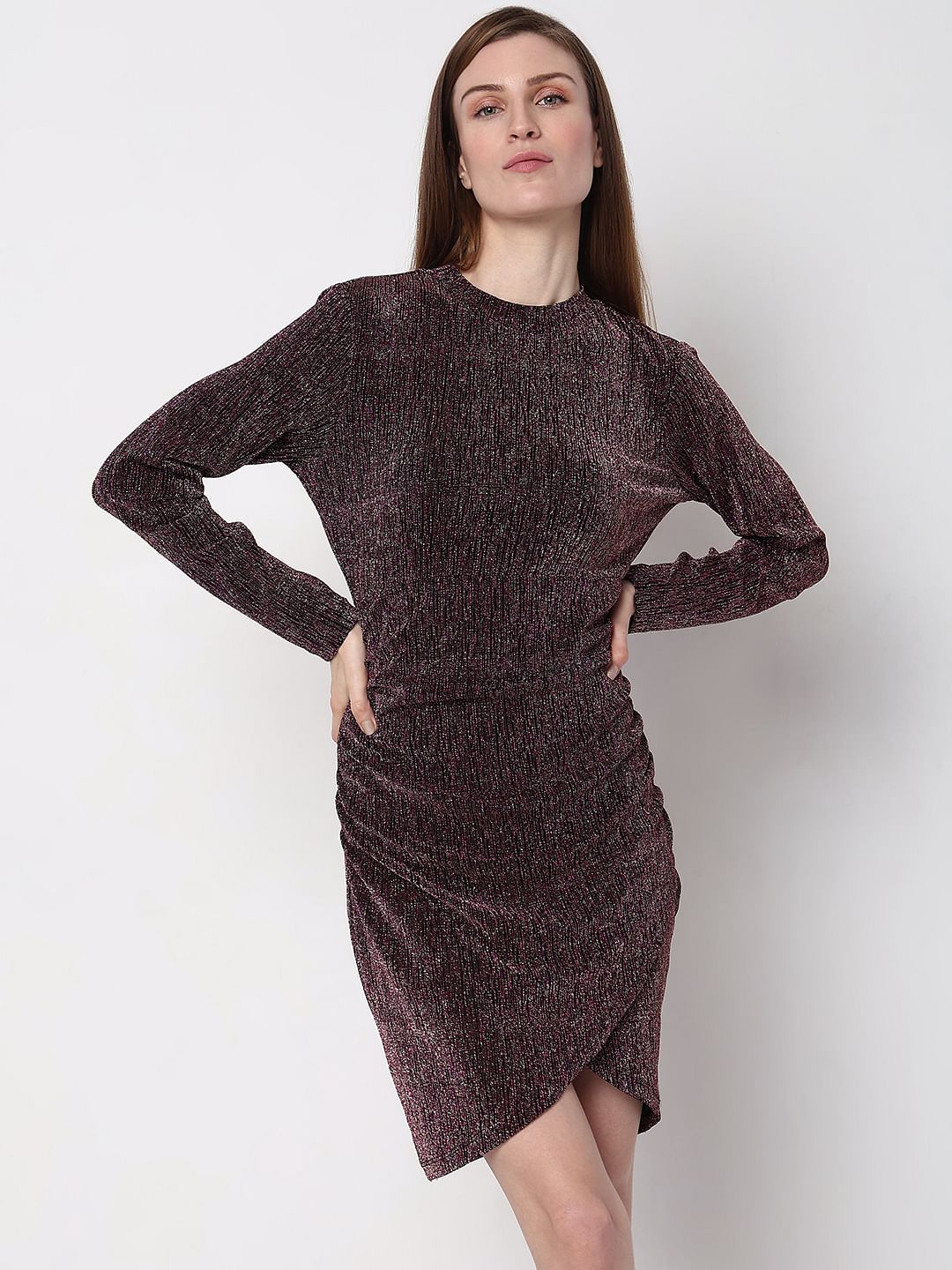 Maroon Metallic Lurex Bodycon Dress