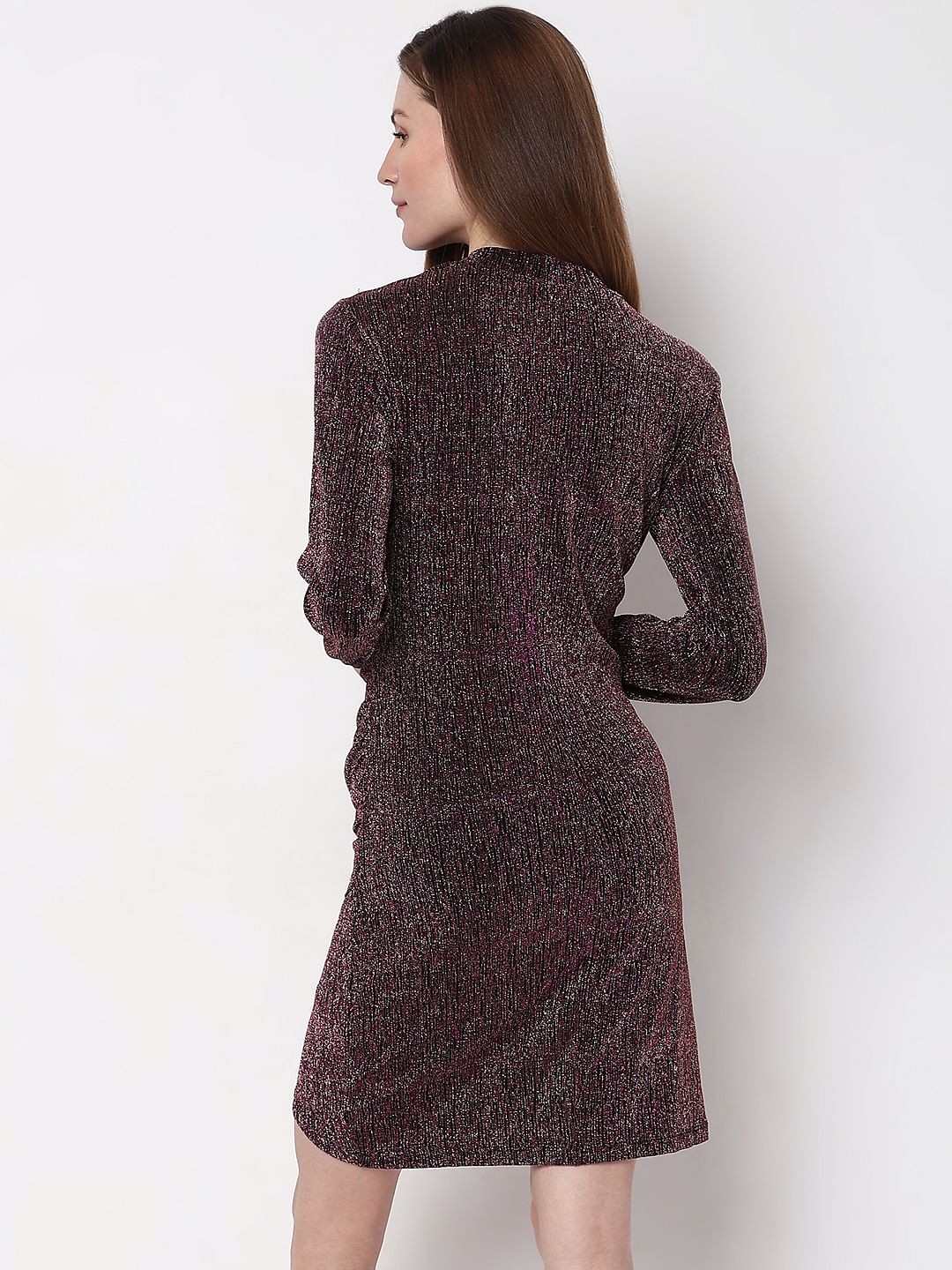 Maroon Metallic Lurex Bodycon Dress
