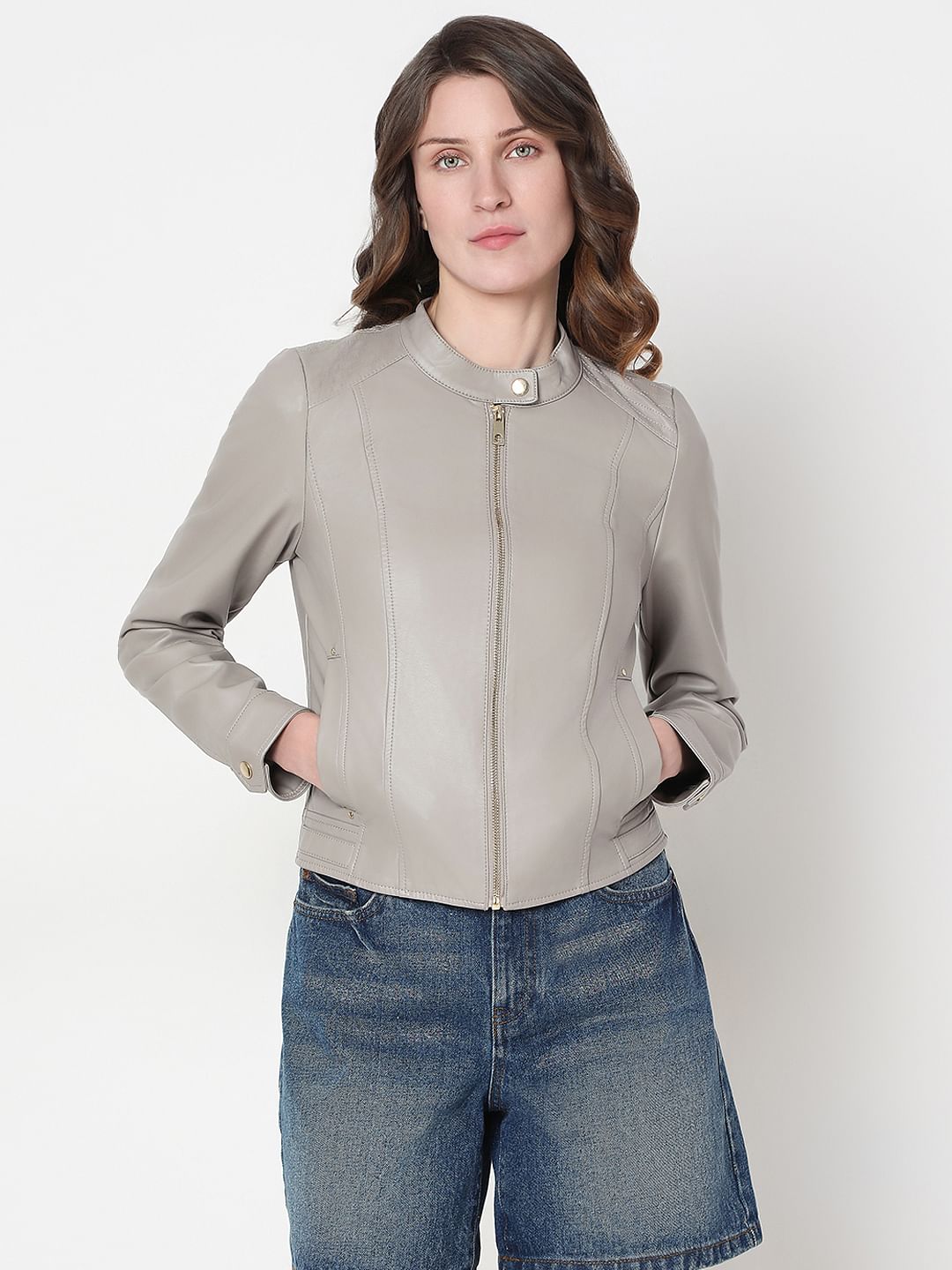Grey Faux Leather Biker Jacket