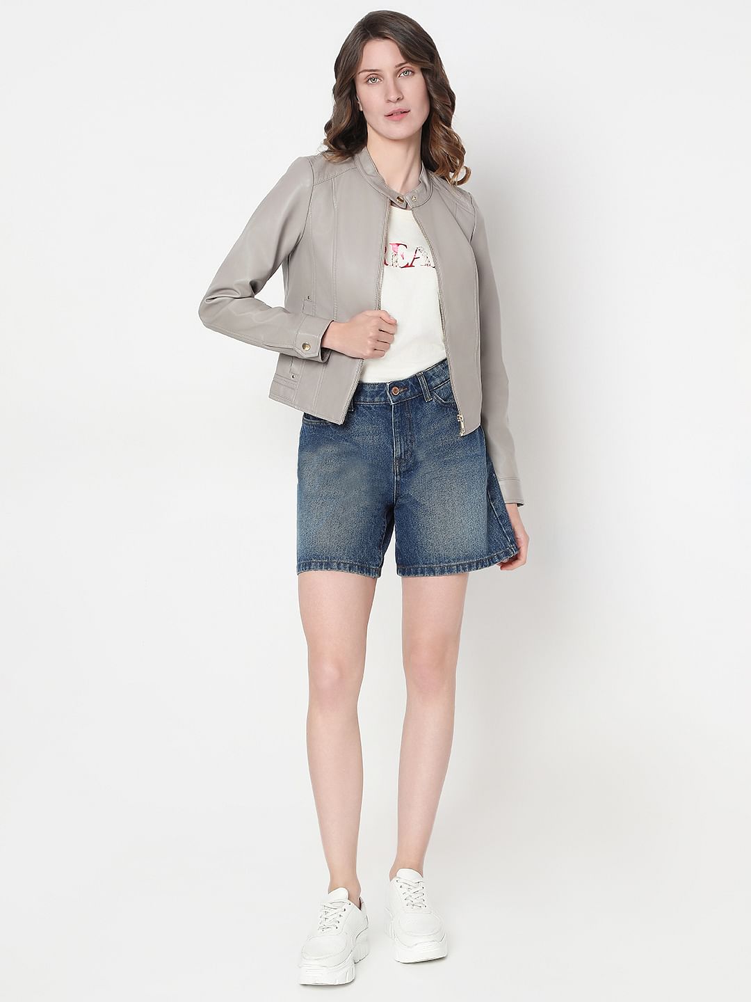 Grey Faux Leather Biker Jacket