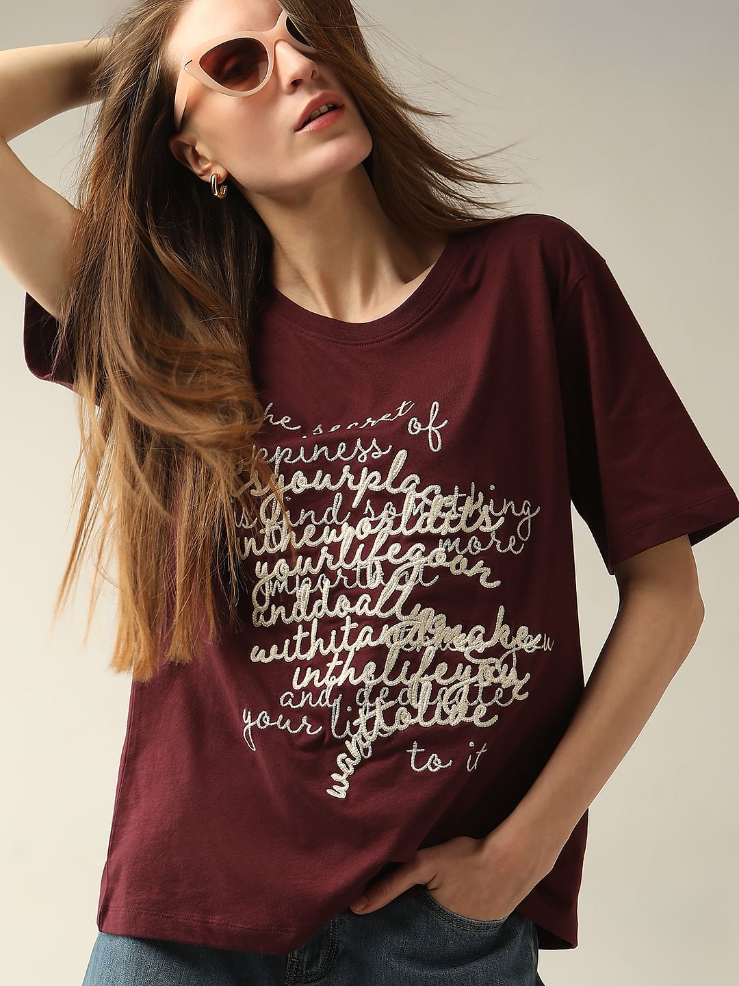 Maroon Typographic Print T-Shirt
