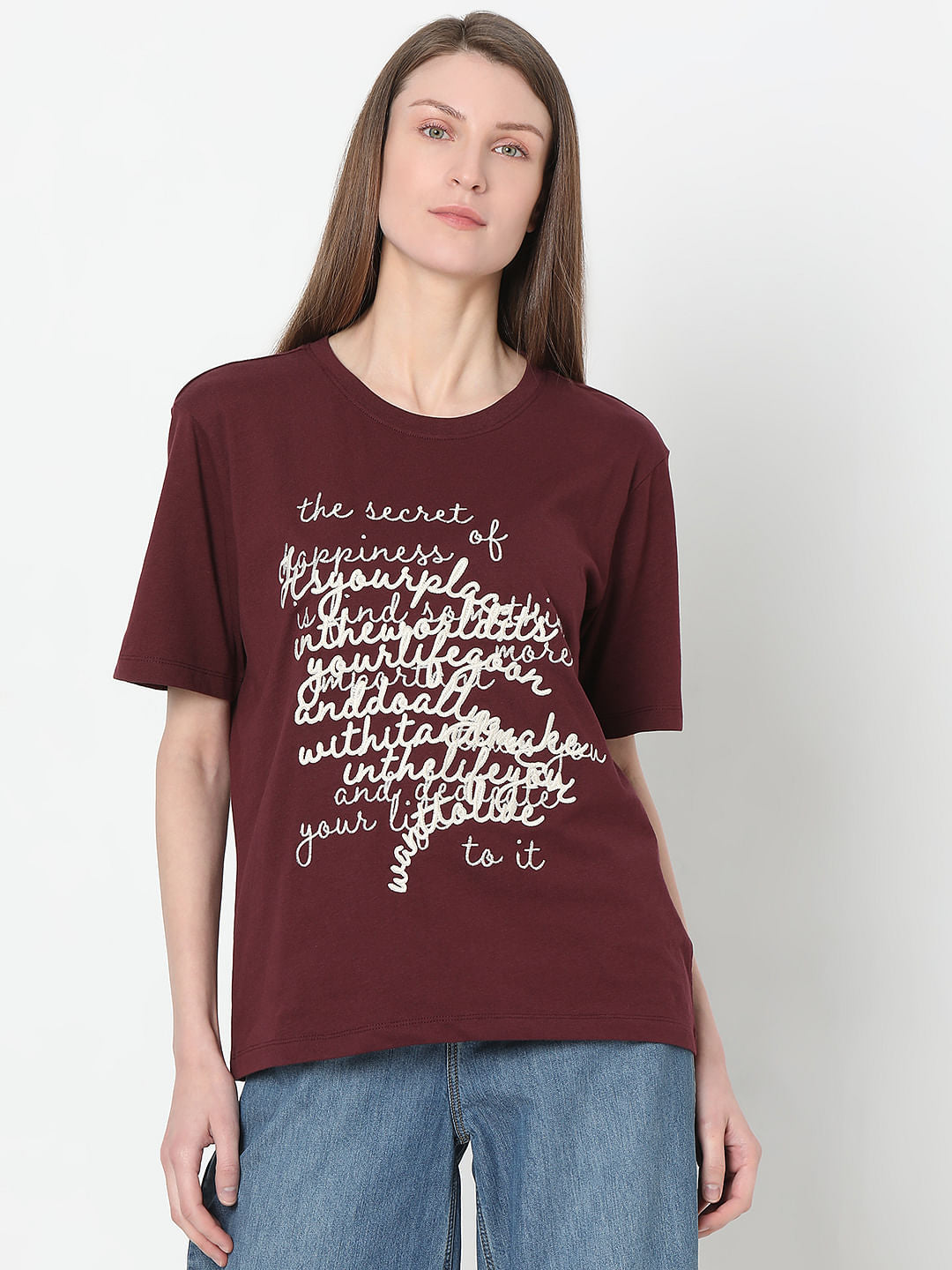 Maroon Typographic Print T-Shirt
