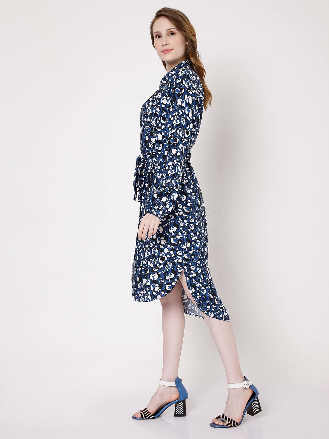 Blue Abstract Print Shirt Dress